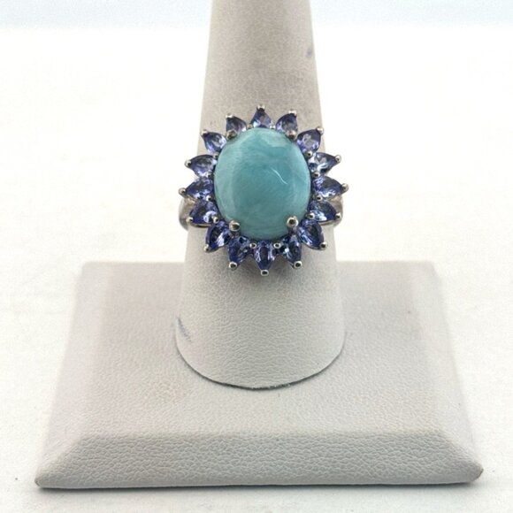 Estate Sterling Silver 925 Blue Amazonite Ring w/ Tanzanite Halo, Size 9, 6.6g - Picture 1 of 8
